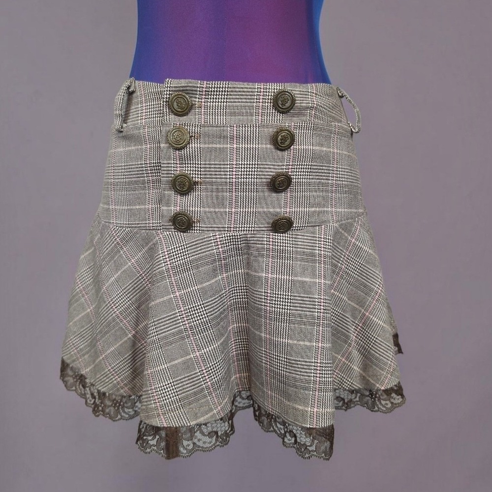 Valia Plaid Lace Trim Mini Skirt Gray Pink Glen Check Britney Spears Y2K Small